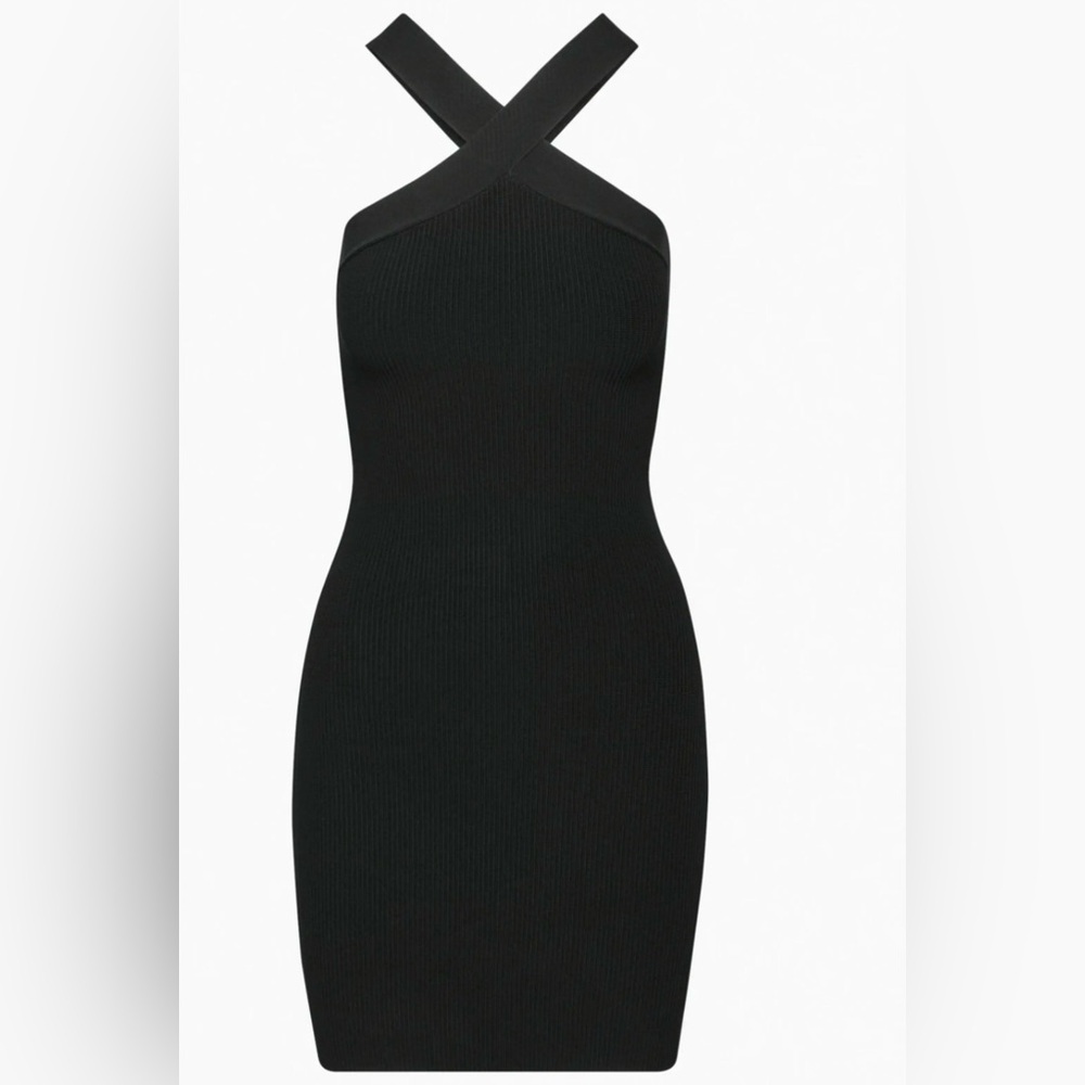 Aritzia Babaton Black Ribbed Halter Bodycon Dress | Cross-Neck | Size M